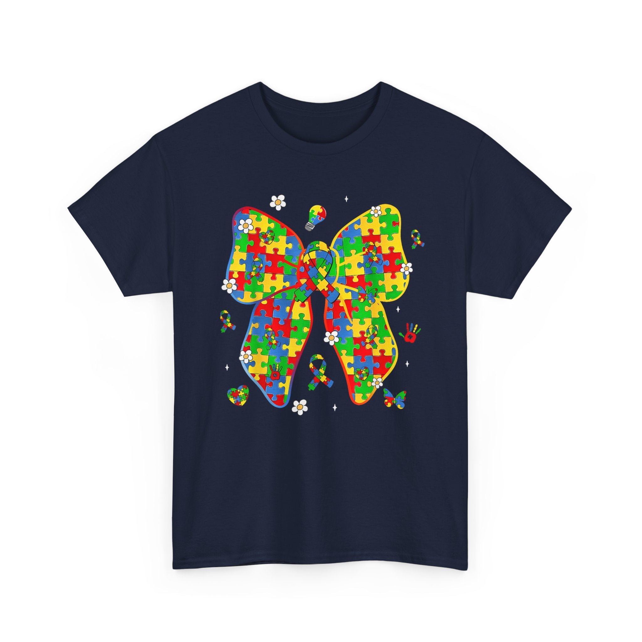 Autism Awareness Puzzle Bow Tee Shirt - Neurodiversity ADHD T-Shirt - Gift for Her / Him