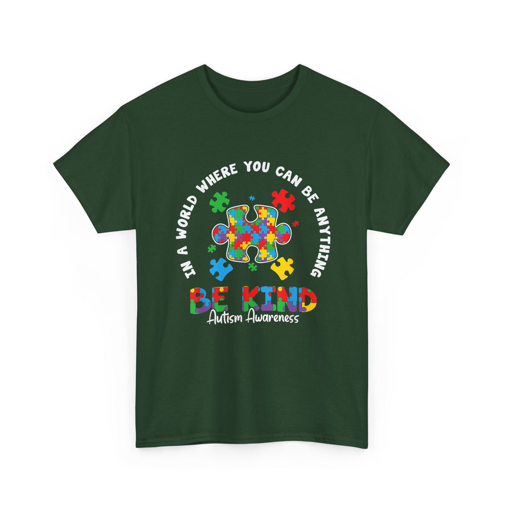 Autism Awareness Be Kind T‑Shirt - In a World Where You Can Be Anything, Be Kind - Puzzle Heart Tee