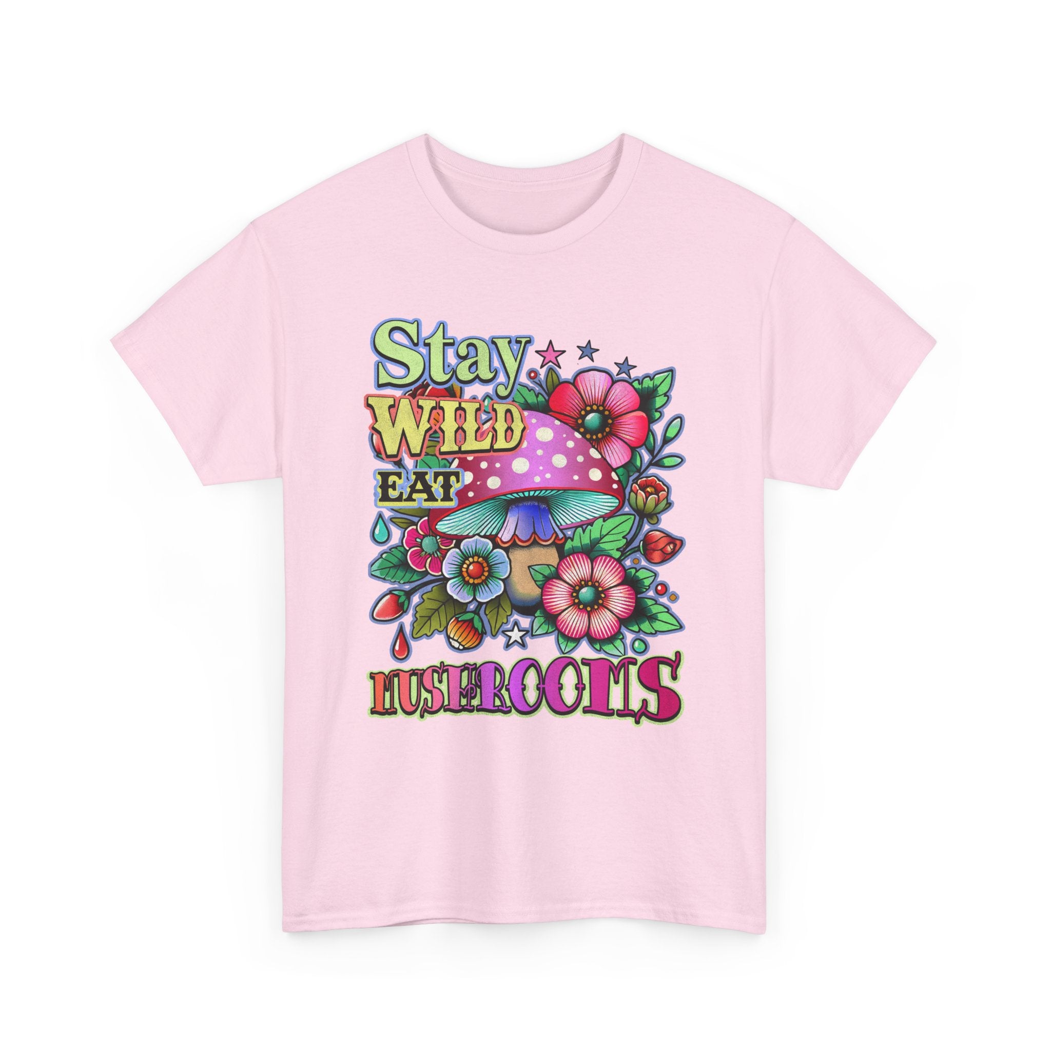 Stay Wild Eat Mushrooms Tee Shirt - Retro Magic Mushroom Floral Graphic T-Shirt