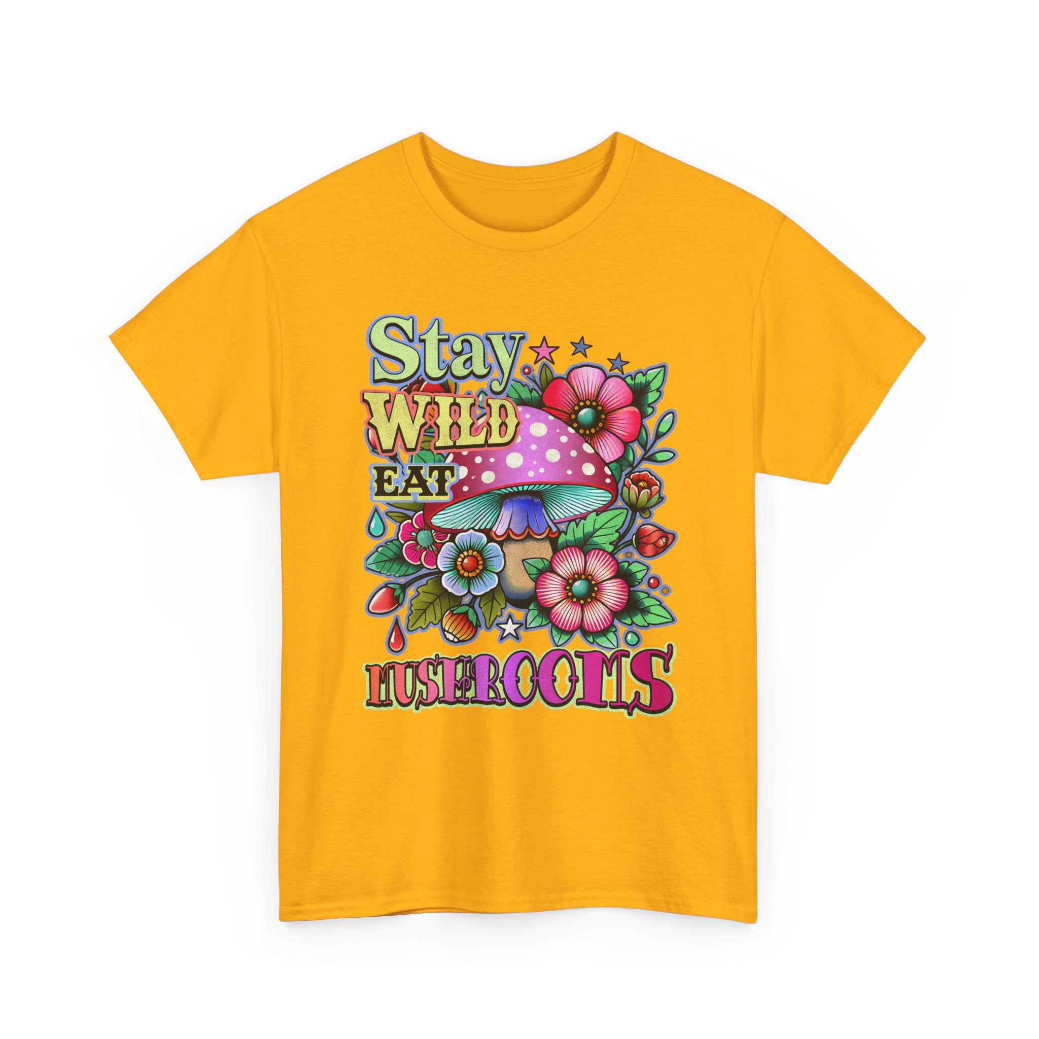 Stay Wild Eat Mushrooms Tee Shirt - Retro Magic Mushroom Floral Graphic T-Shirt