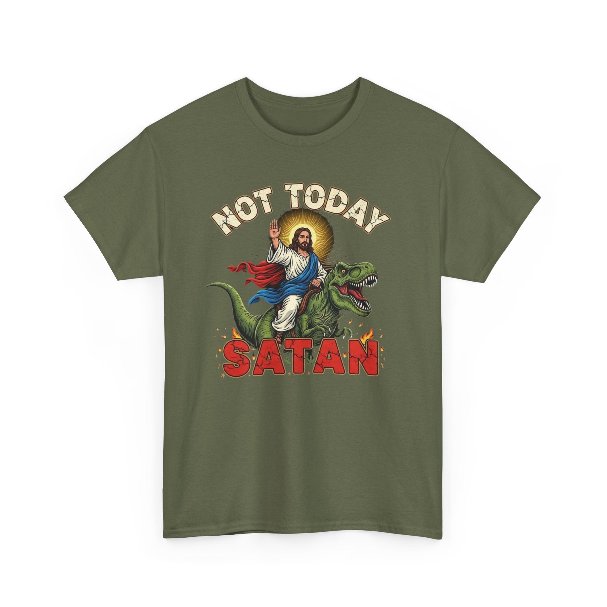 Not Today Satan T-Shirt - Vintage Jesus Riding Dinosaur Funny Tee Shirt Gift