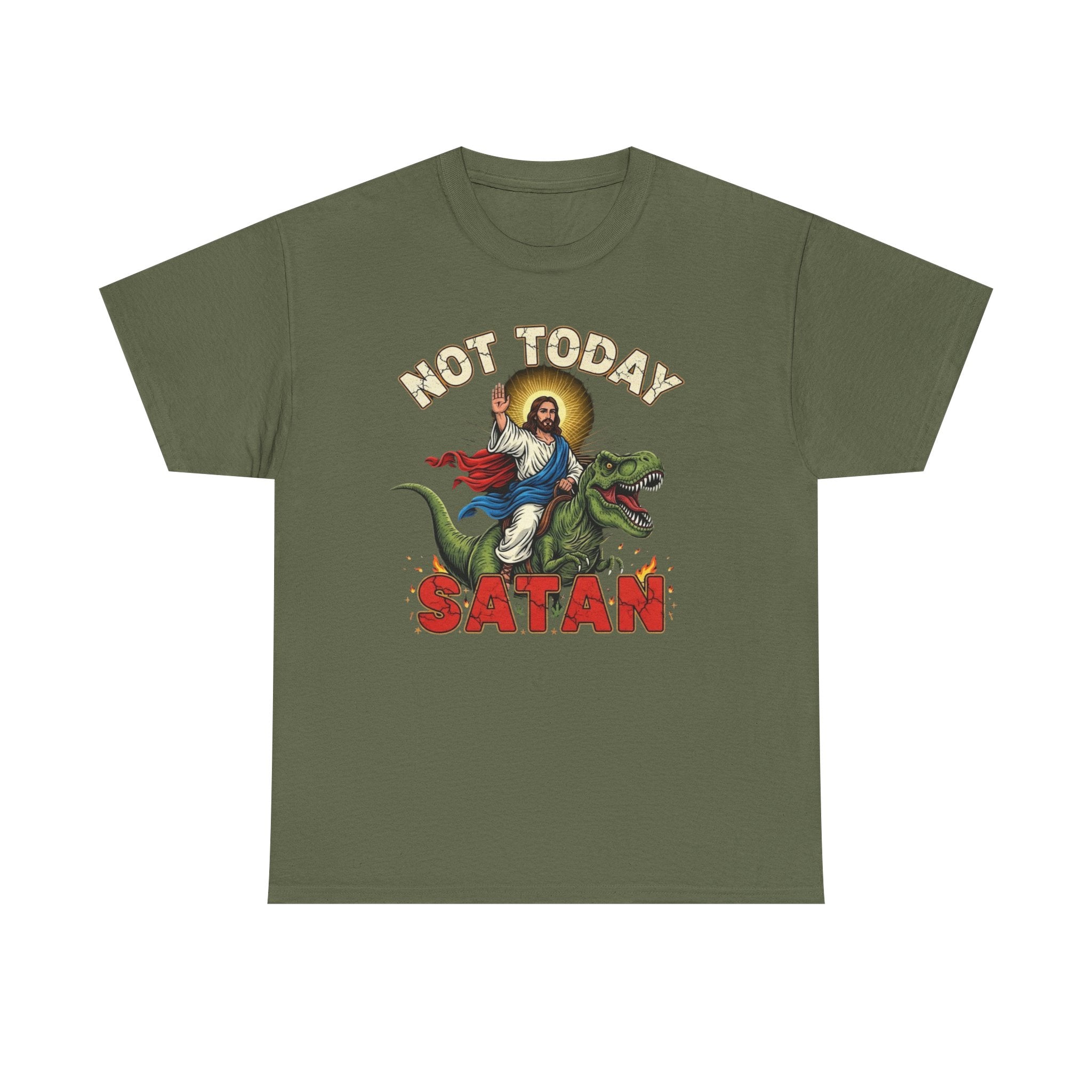 Not Today Satan T-Shirt - Vintage Jesus Riding Dinosaur Funny Tee Shirt Gift